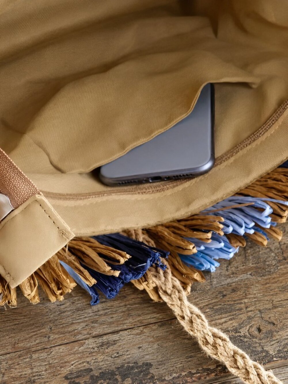 Straw Tote Bag Striped Navy Tassel Zipper Lined Boho Mediterranean Vacation - Picture 7 of 13